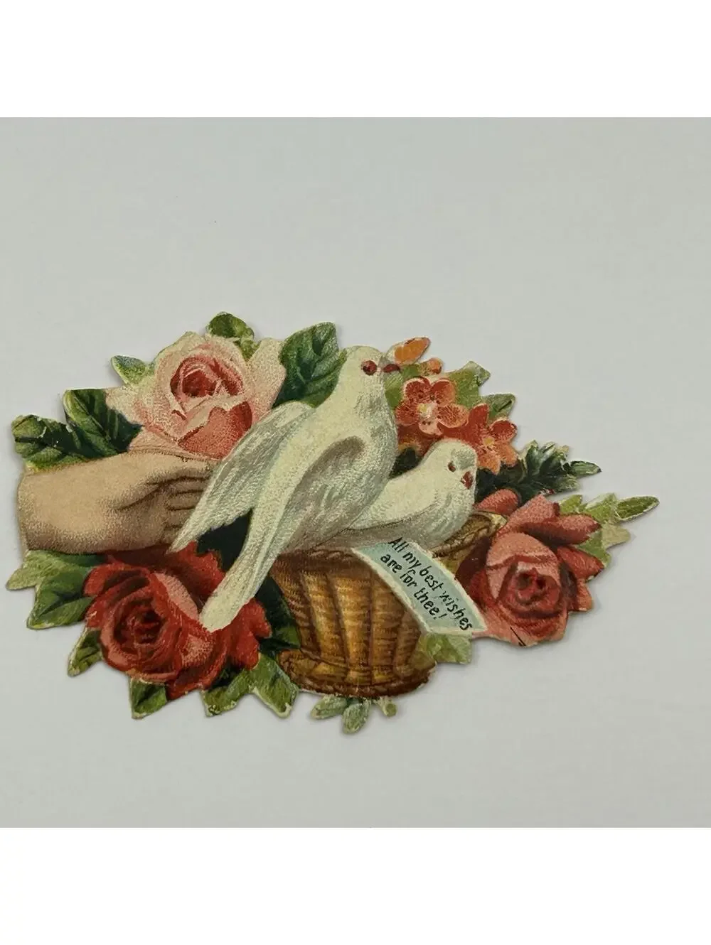 Antique Victorian Hidden Name Calling Card Die-Cut Roses Doves Hand 1890s F2